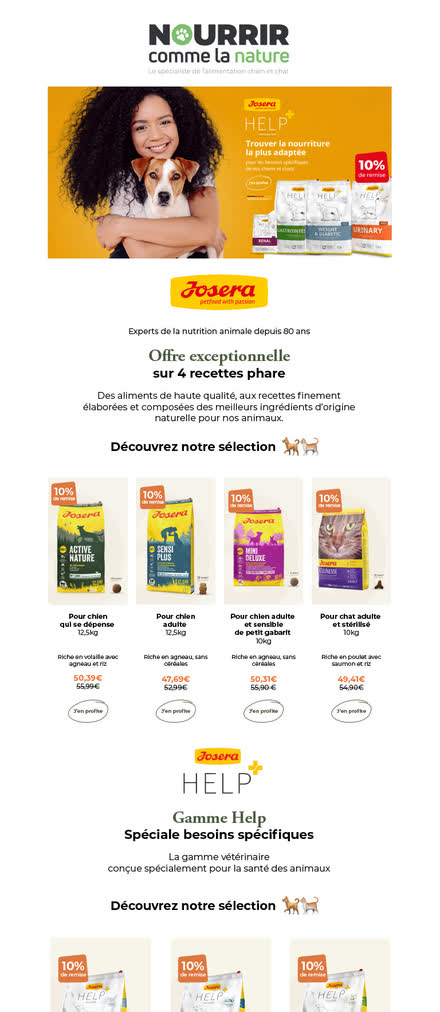Emailing — Alimentation animale — catalogue remisé, une gamme par bloc et prix barrés