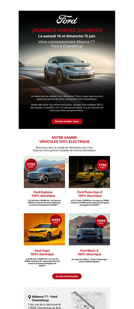 Emailing — Concession auto — journées portes ouvertes : gamme électrique, prise de rendez-vous et jeu-concours