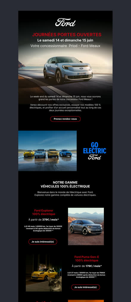 Emailing — Concession auto — même campagne déclinée pour un second point de vente, mise en page alternée