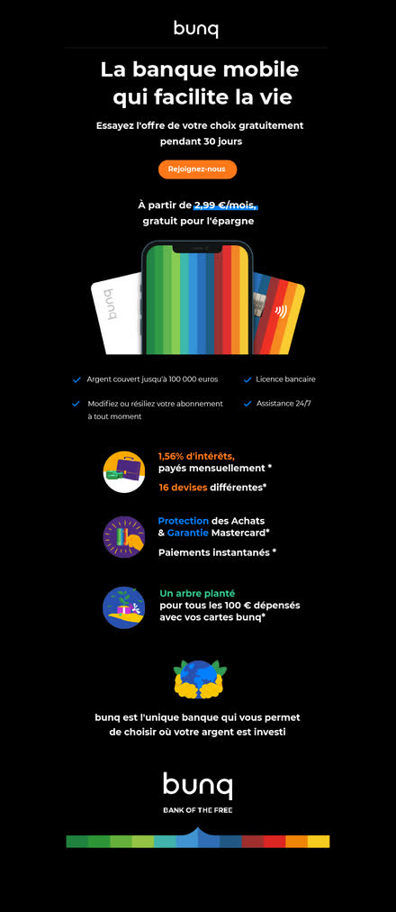 Emailing — Banque mobile — offre d'essai 30 jours, arguments illustrés et engagement environnemental