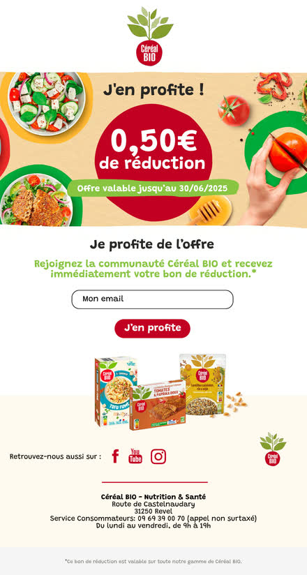 Emailing — Alimentation bio — coupon de réduction à imprimer, code-barres inclus
