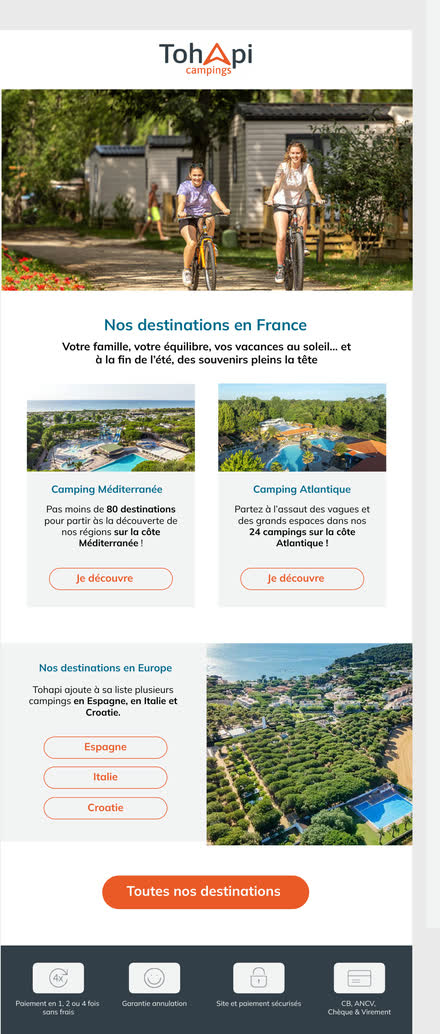 Emailing — Campings — destinations France par littoral, puis ouverture sur l'Europe