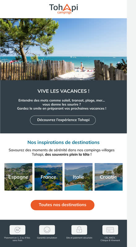 Emailing — Campings — second angle : l'émotion d'abord, les quatre pays en vignettes ensuite