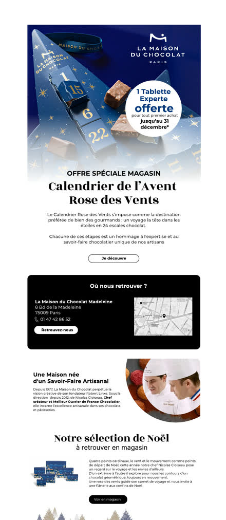 Emailing — Chocolatier — même offre recentrée sur un point de vente parisien, avec plan d'accès