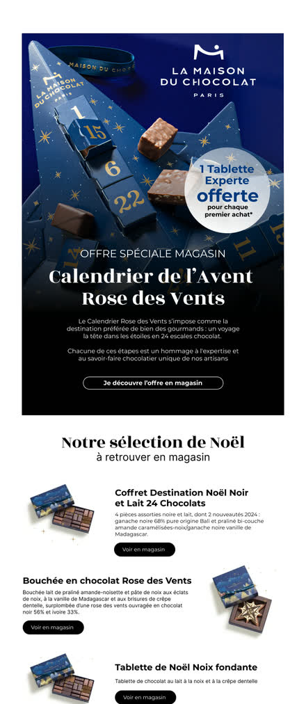 Emailing — Chocolatier — offre spéciale magasin : calendrier de l'Avent et sélection de Noël