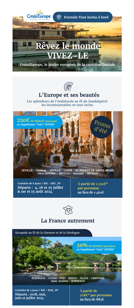 Emailing — Croisière fluviale — trois itinéraires, remise par personne et dates de départ