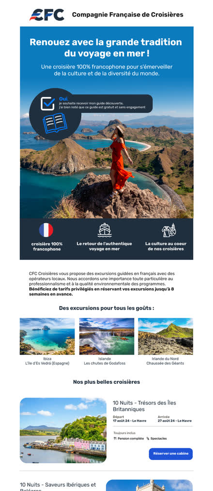 Emailing — Croisières — même campagne en email : le guide gratuit puis la réservation de cabine
