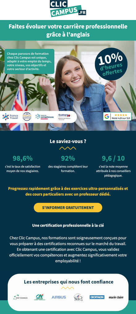 Emailing — Formation professionnelle — certifications, chiffres de satisfaction et logos presse
