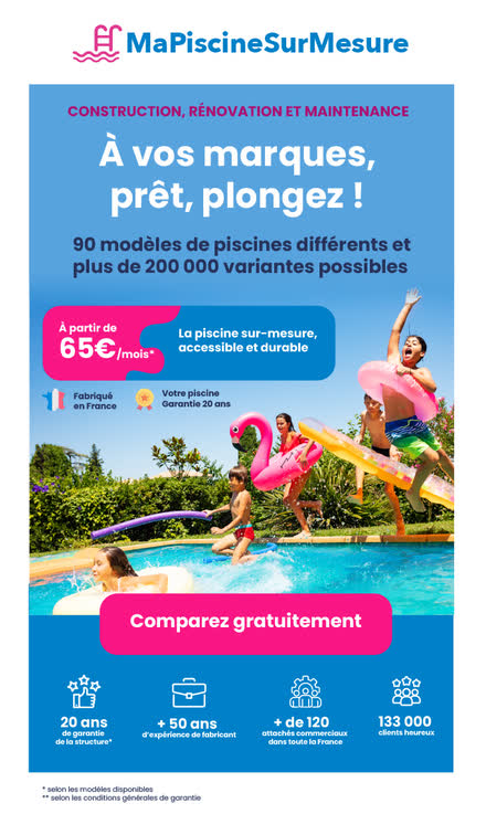 Emailing — Piscine sur mesure — prix mensuel en accroche, garanties alignées en pied