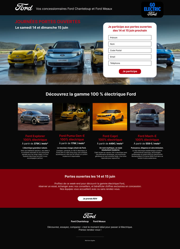 Landing page — Journées portes ouvertes d'un réseau de concessions — inscription en premier écran, gamme électrique détaillée en dessous