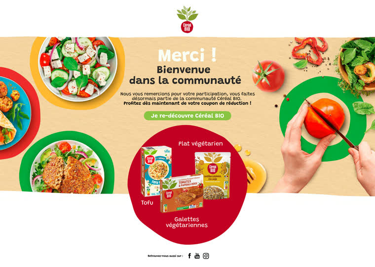 Landing page — Alimentation bio — page de remerciement après participation, le coupon en récompense