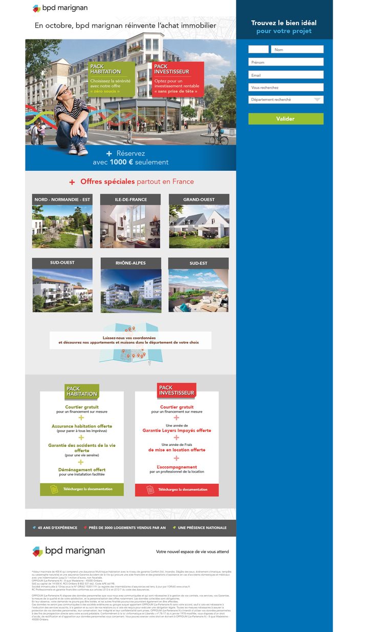 Landing page — Achat immobilier — landing nationale, offres par région, packs habitation et investisseur