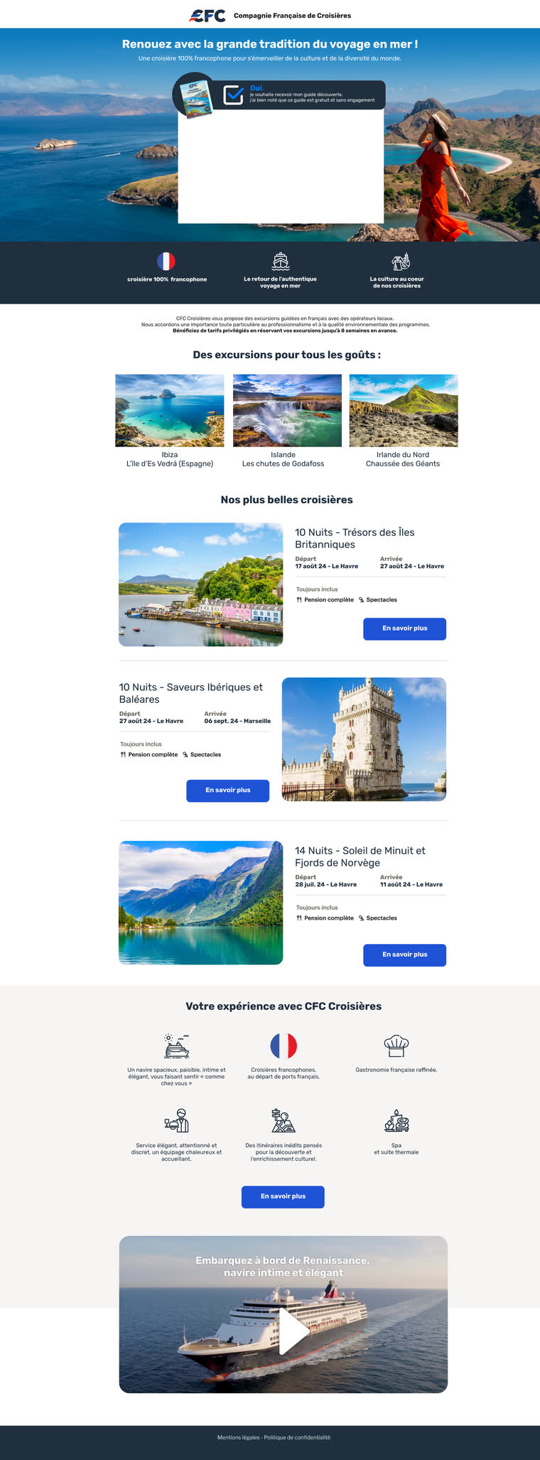 Landing page — Croisières — demande de guide découverte, itinéraires datés et expérience à bord