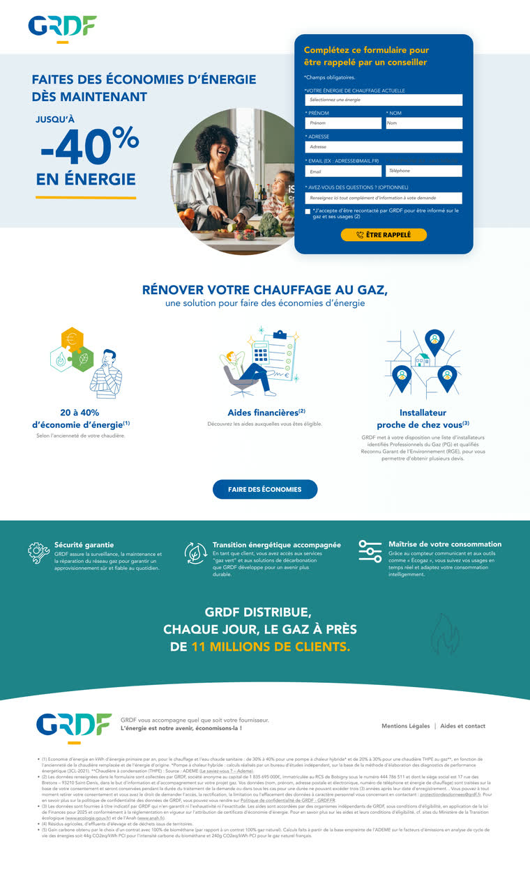 Landing page — Rénovation du chauffage au gaz — formulaire de rappel, aides financières et réseau d'installateurs