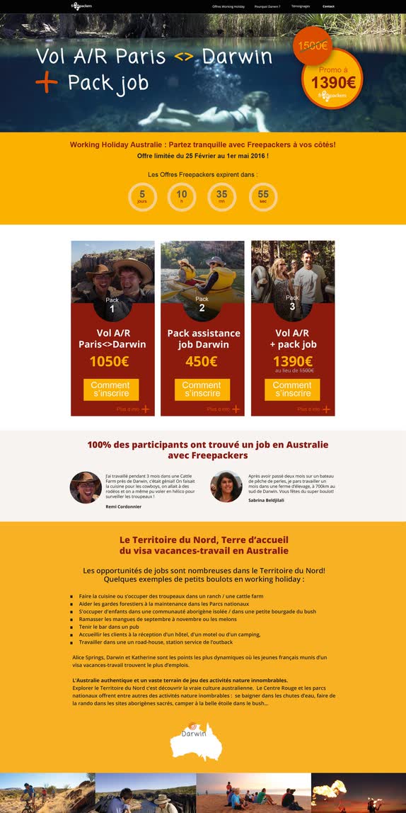Landing page — Working Holiday en Australie — landing longue : packs, compte à rebours, témoignages