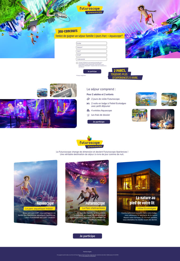 Landing page — Jeu-concours séjour famille — landing d'un parc d'attractions : dotation détaillée puis mise en scène des univers