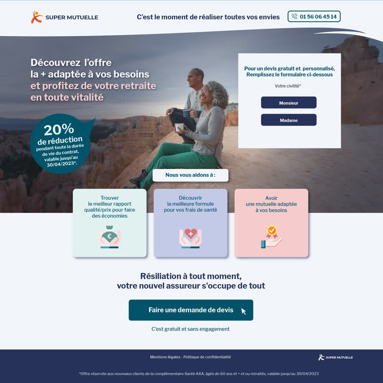 Landing page — Mutuelle senior — même campagne en landing : formulaire de devis dès le premier écran