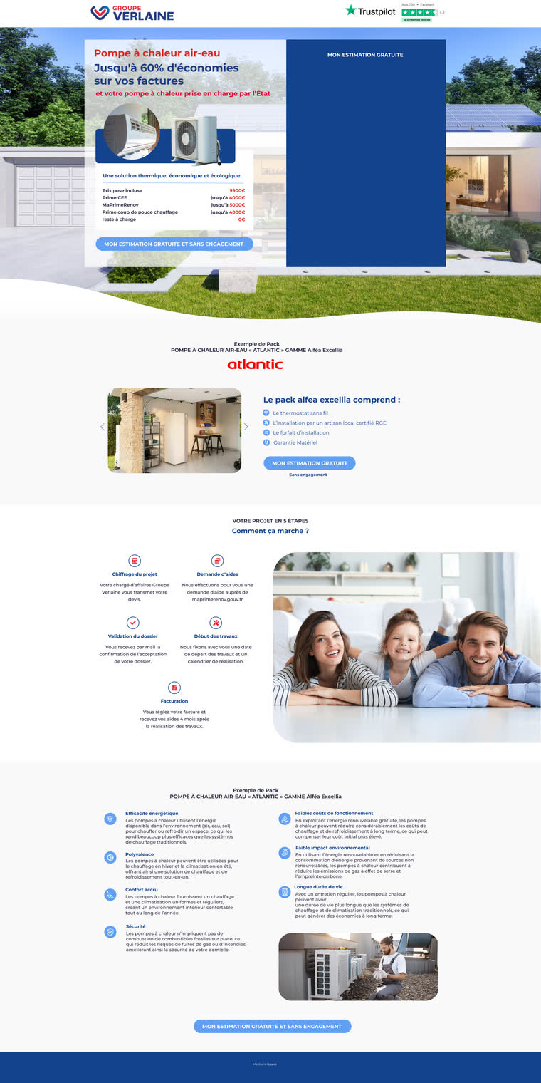 Landing page — Pompe à chaleur air-eau — le reste à charge calculé dès le premier écran, puis le projet en cinq étapes