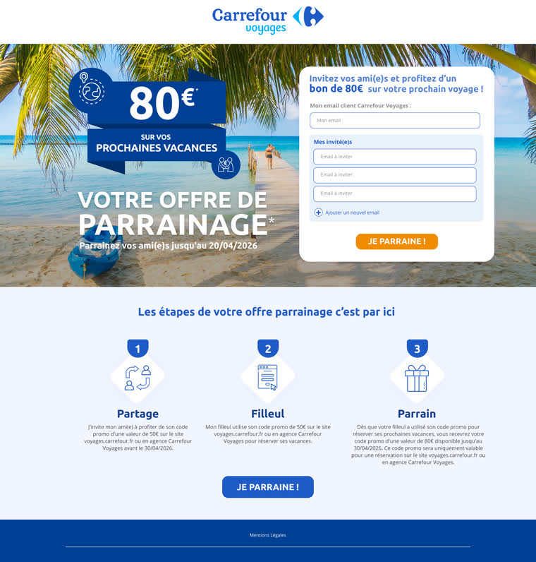 Landing page — Offre de parrainage — formulaire multi-invités dès le premier écran, puis le mécanisme en trois étapes