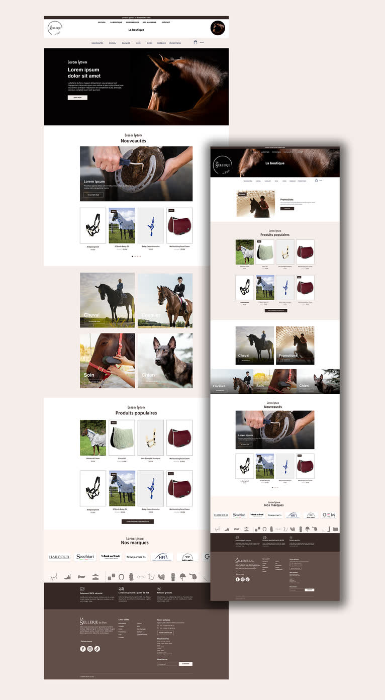 La Sellerie du Parc — Boutique d'équitation : catalogue par univers (cheval, cavalier, soin, chien), mise en avant des marques et des promotions.