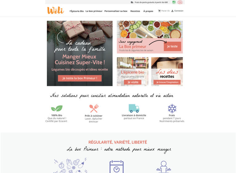 Welibox — Épicerie bio et box de fruits et légumes : page d'accueil e-commerce, tunnel d'abonnement et espace recettes.