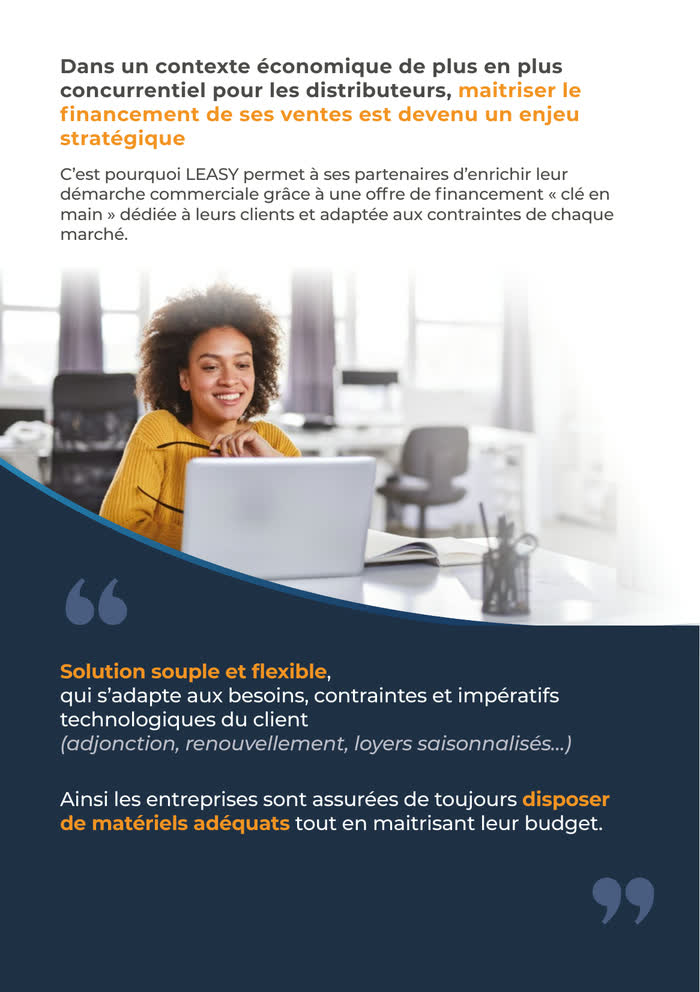 Location financière — avantages client répartis en trois familles : technique, financier, opérationnel