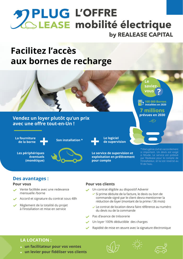 Plug&Lease — flyer mobilité électrique, recto : l'offre bornes de recharge en trois briques