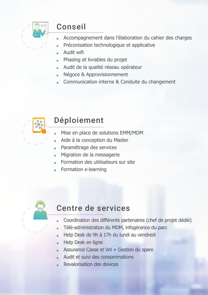 Solution digitale d'entreprise — les trois volets de l'offre en colonnes